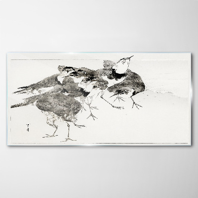 A flock of birds against a white background Glass Print