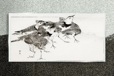 A flock of birds against a white background Glass Print