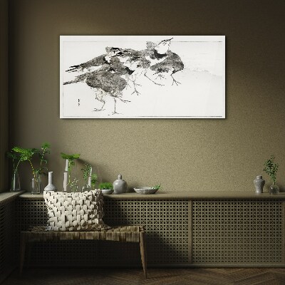A flock of birds against a white background Glass Print