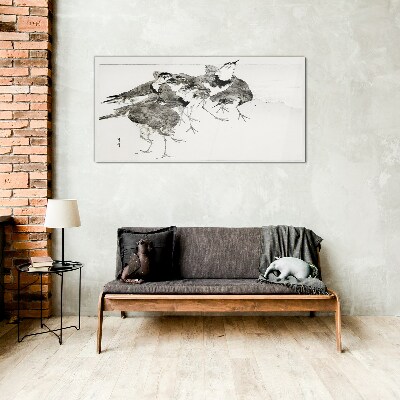 A flock of birds against a white background Glass Print