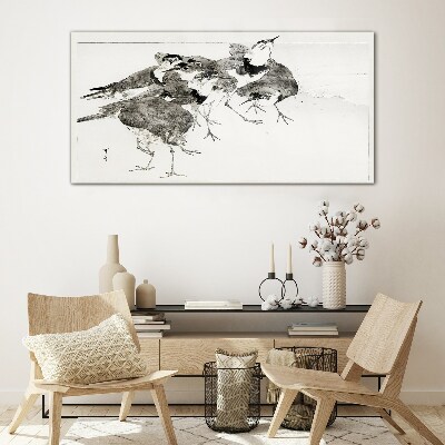 A flock of birds against a white background Glass Print