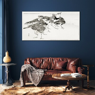A flock of birds against a white background Glass Print