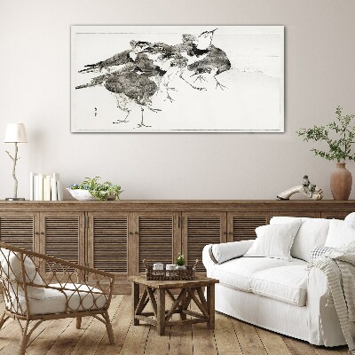 A flock of birds against a white background Glass Print