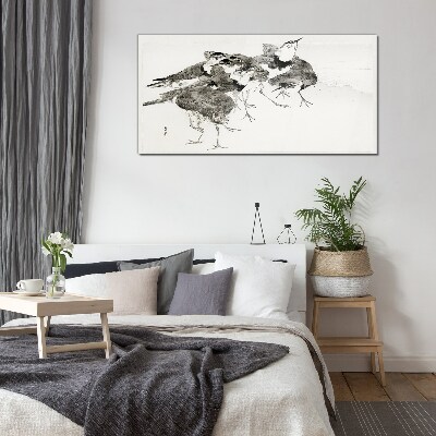 A flock of birds against a white background Glass Print