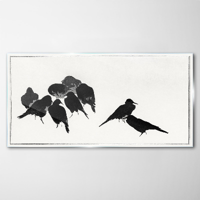 Black birds on white background Glass Print