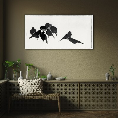 Black birds on white background Glass Print