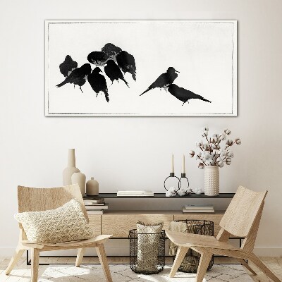 Black birds on white background Glass Print
