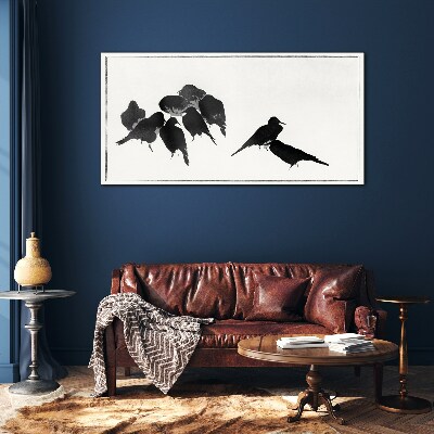 Black birds on white background Glass Print