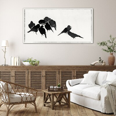 Black birds on white background Glass Print