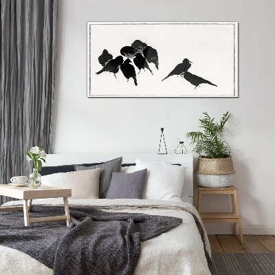 Black birds on white background Glass Print