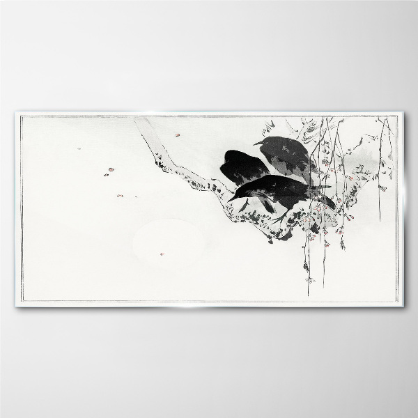 Black birds on a branch Glass Print