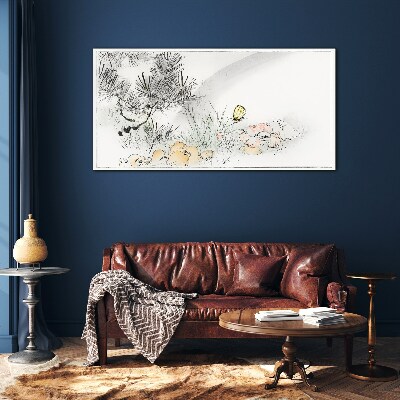 Floral landscape with a butterfly Glass Print