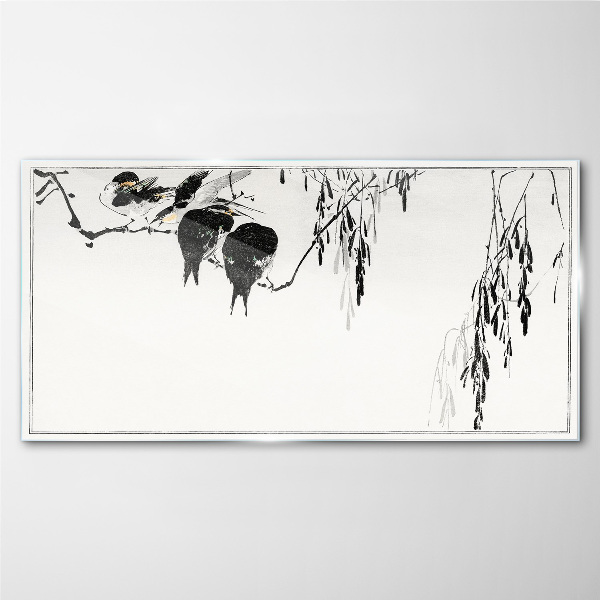 Birds on a branch in white Glass Print
