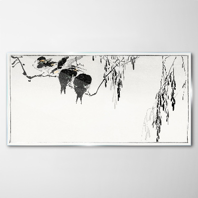 Birds on a branch in white Glass Print