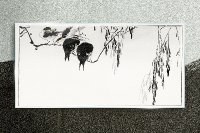 Birds on a branch in white Glass Print