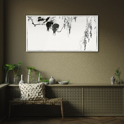 Birds on a branch in white Glass Print