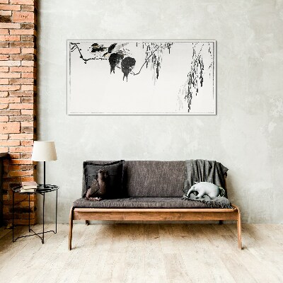 Birds on a branch in white Glass Print