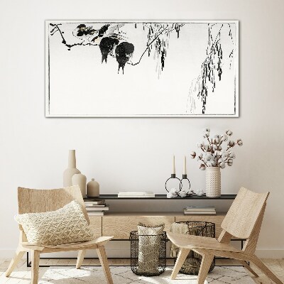 Birds on a branch in white Glass Print