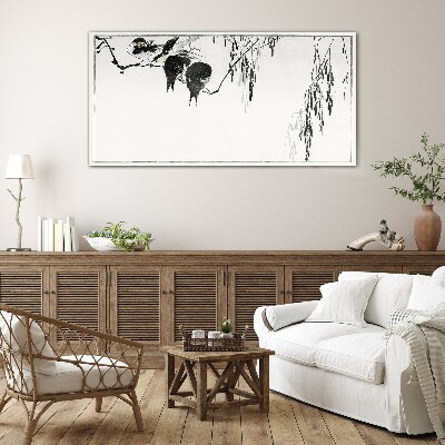 Birds on a branch in white Glass Print