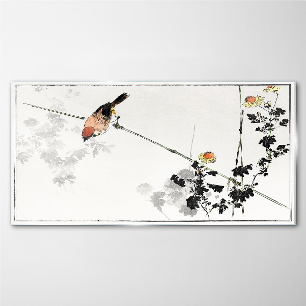 Bird on a branch with flowers Glass Print