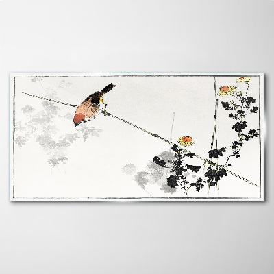 Bird on a branch with flowers Glass Print