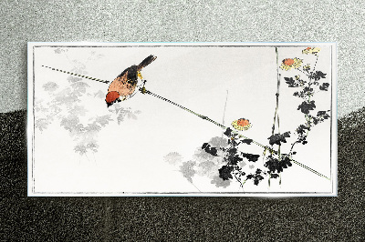 Bird on a branch with flowers Glass Print