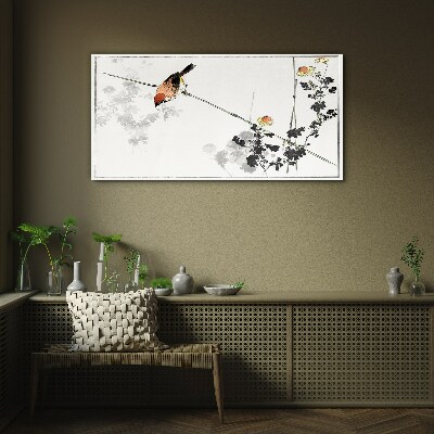 Bird on a branch with flowers Glass Print