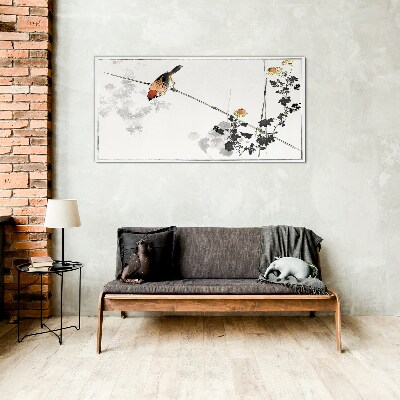 Bird on a branch with flowers Glass Print