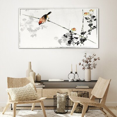 Bird on a branch with flowers Glass Print