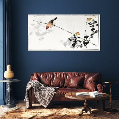 Bird on a branch with flowers Glass Print