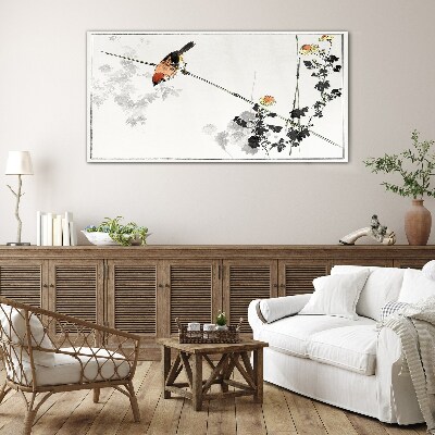 Bird on a branch with flowers Glass Print