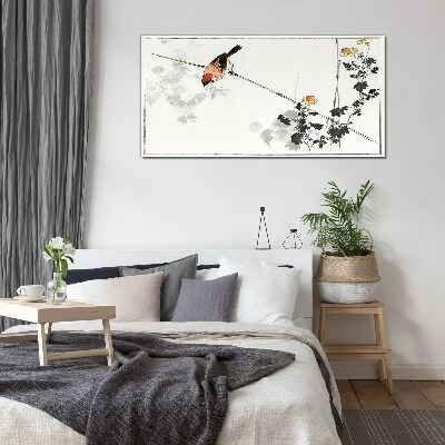Bird on a branch with flowers Glass Print