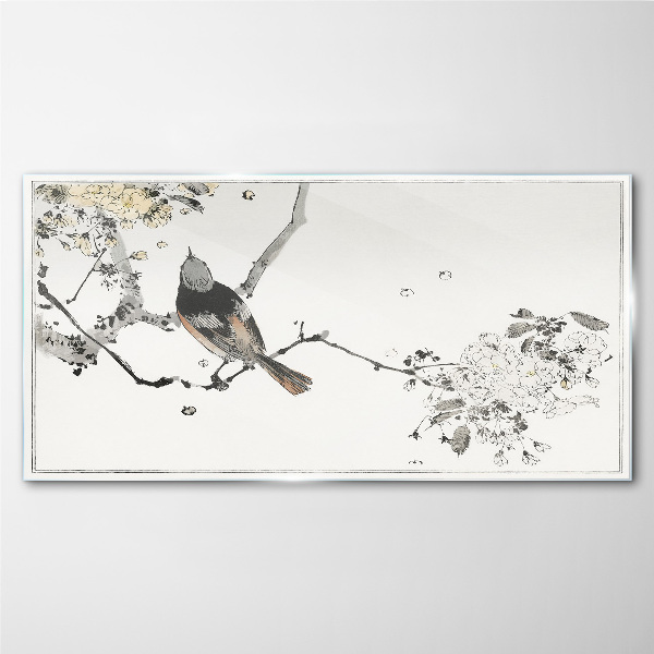 A bird on a branch in delicate colors Glass Print
