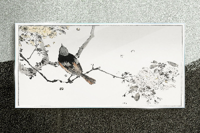 A bird on a branch in delicate colors Glass Print