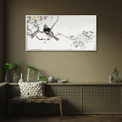 A bird on a branch in delicate colors Glass Print