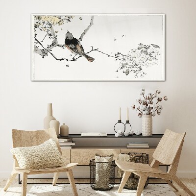 A bird on a branch in delicate colors Glass Print