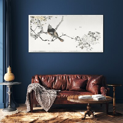A bird on a branch in delicate colors Glass Print