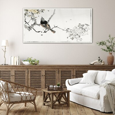 A bird on a branch in delicate colors Glass Print