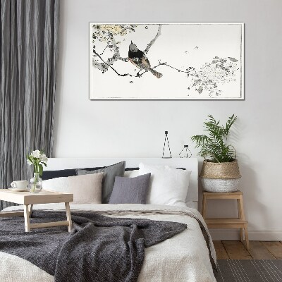 A bird on a branch in delicate colors Glass Print