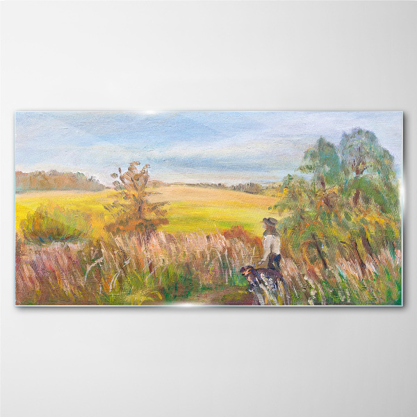 Summer landscape with a figure and a dog Glass Print