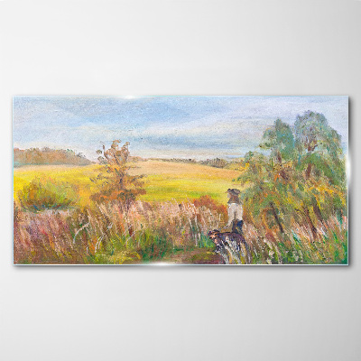 Summer landscape with a figure and a dog Glass Print