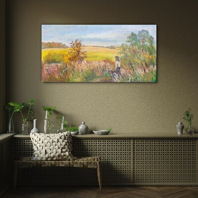 Summer landscape with a figure and a dog Glass Print