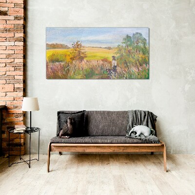 Summer landscape with a figure and a dog Glass Print