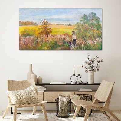 Summer landscape with a figure and a dog Glass Print