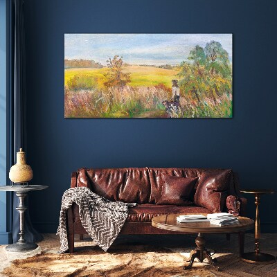 Summer landscape with a figure and a dog Glass Print