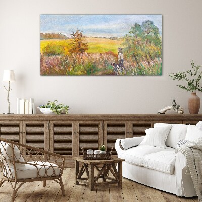 Summer landscape with a figure and a dog Glass Print