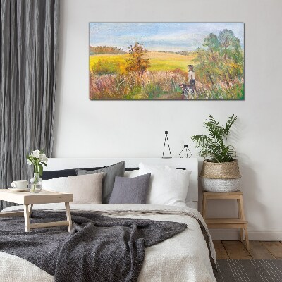 Summer landscape with a figure and a dog Glass Print
