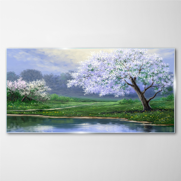 Spring landscape with blooming trees Glass Wall Art