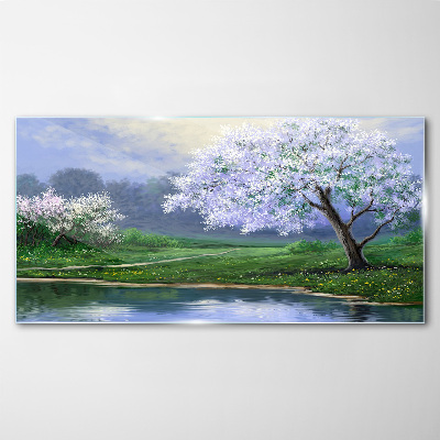 Spring landscape with blooming trees Glass Wall Art