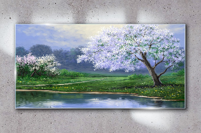 Spring landscape with blooming trees Glass Wall Art